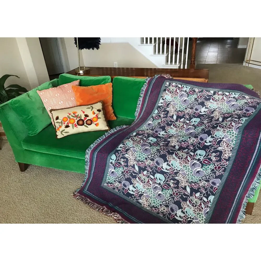 vintage 90s Reversible FRUIT PRINT plums, grapes, pears Fringe BLANKET afghan